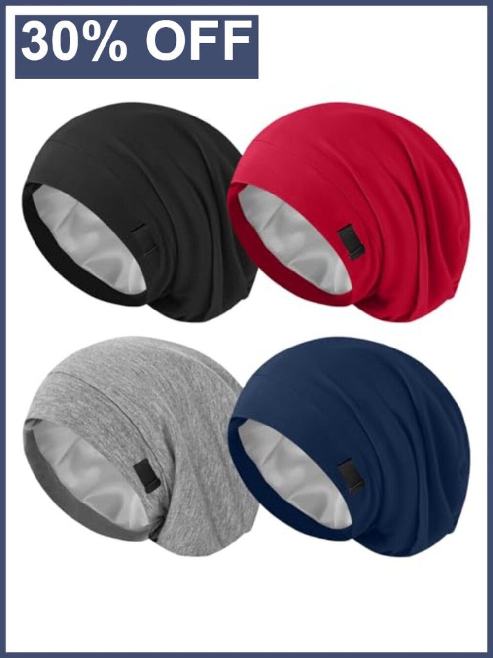 4 Pack Silk Satin Hair Bonnets for Sleeping, Adjustable Slouchy Beanie for